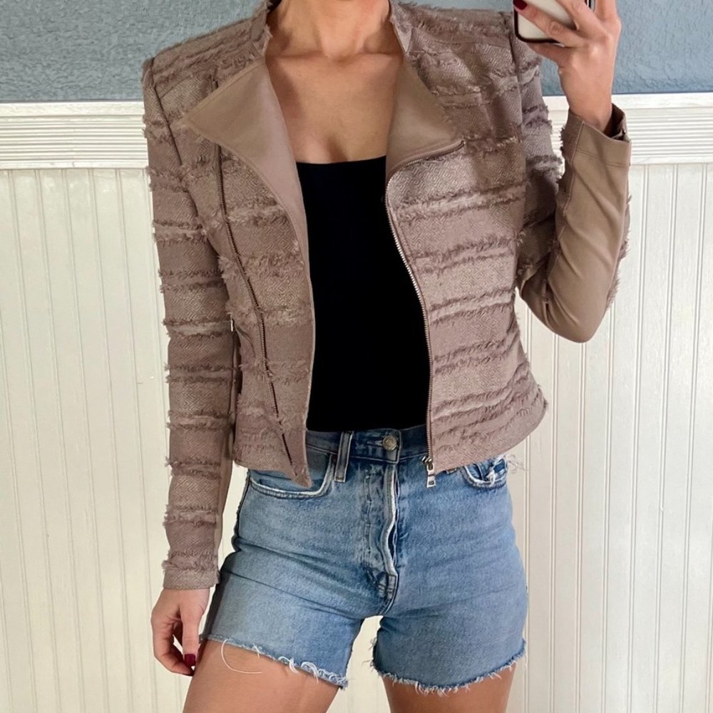 BCBG Maxazria Jaison Tan Striped Fringe Moto Jacket XS